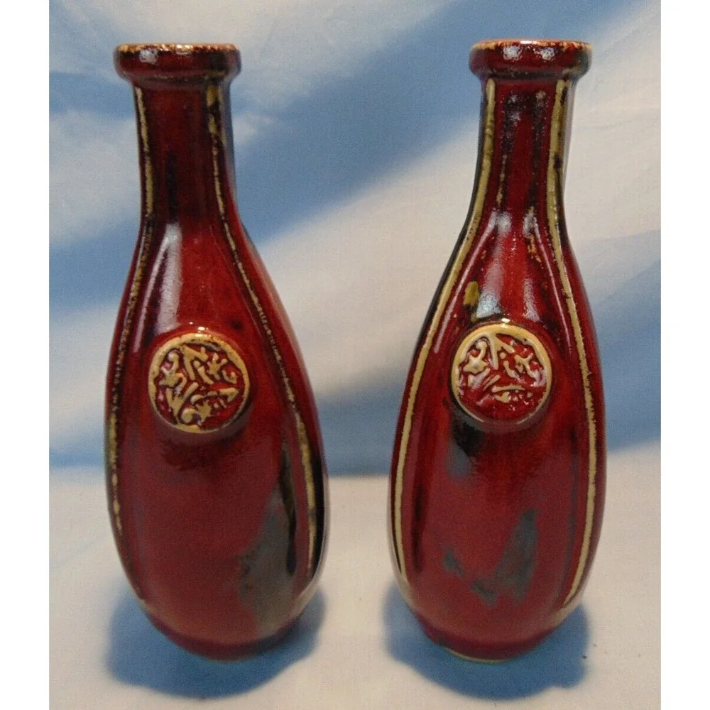Large Medallion Flambe Oxblood Glaze Chinese Porcelain Ceramic Pottery Vase Set‎